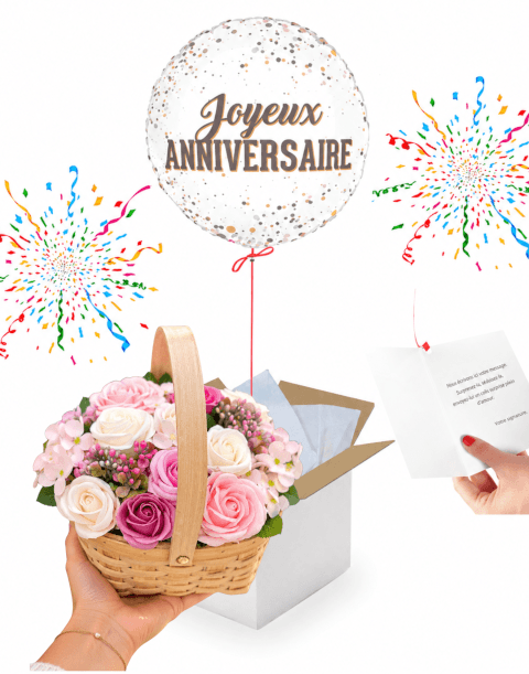 Box Anniversaire Ballon joyeux anniversaire et Bouquet de Fleurs en Savon 