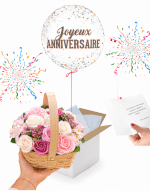 Vignette 1 Box Anniversaire Ballon joyeux anniversaire et Bouquet de Fleurs en Savon 