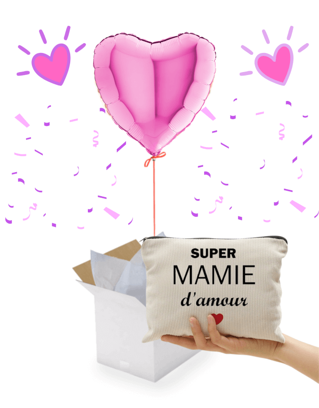 Image 1 Box Ballon Cœur Rose & Trousse “Super Mamie d’Amour”