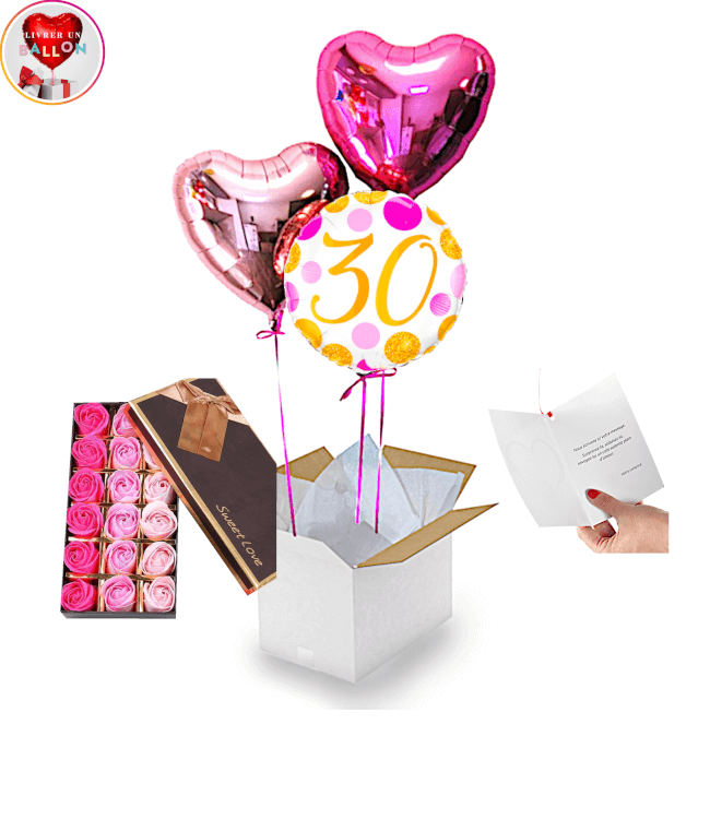 Image 1 Bouquet de Ballons 30ans Rosé Doré+Coffret de 18 Roses De Savons. By Livrer un Ballon