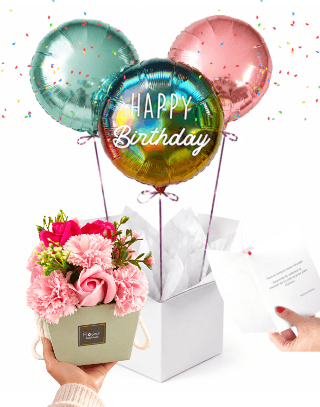 Image 1 Box Anniversaire, 3 Ballons Happy Birthday et Bouquet de Fleurs en Savon