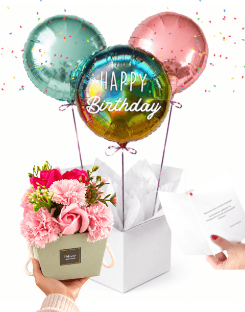 Box Anniversaire, 3 Ballons Happy Birthday et Bouquet de Fleurs en Savon