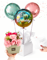 Vignette 1 Box Anniversaire, 3 Ballons Happy Birthday et Bouquet de Fleurs en Savon