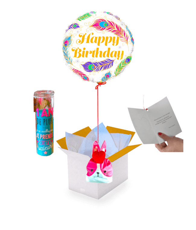 Image 1 Ballon Happy Birthday Plume+Ballotin de Big Fraise Tagada+Bougie 1an de plus