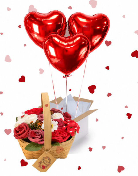 Coffret 3 Ballons Cœur Rouges Personnalisé et Panier de Roses en Savon – Une Surprise Pleine d'Amour