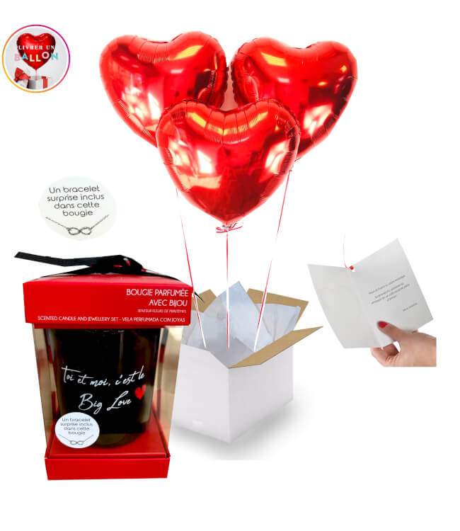 Image 1 Bouquet de 3 Ballons Coeurs Rouges + Bougie"toi et moi,c'est le big love"Bracelet Surprise By Livrer un Ballon