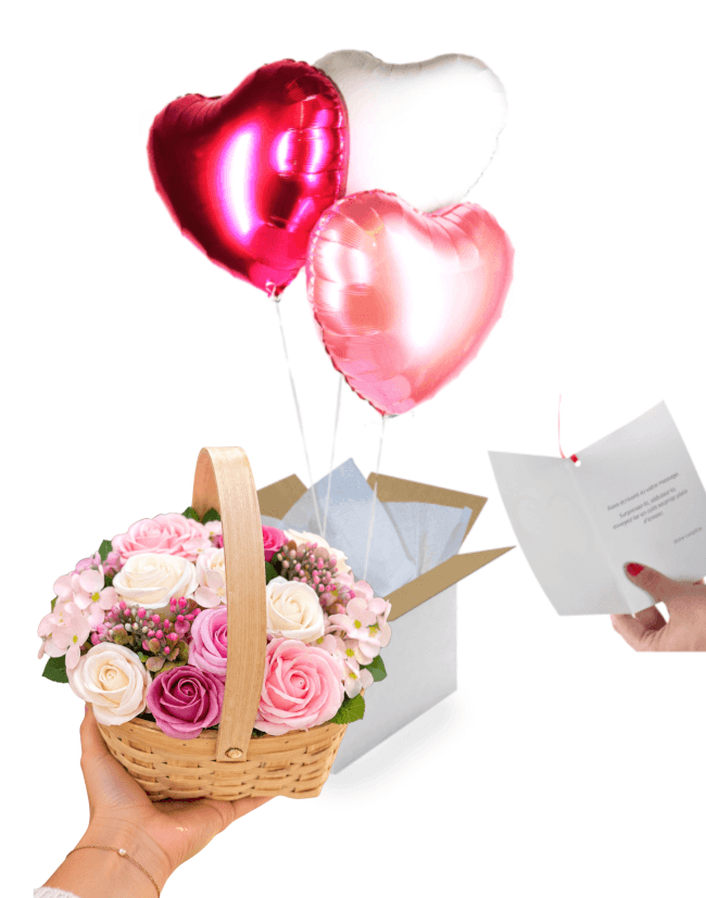 Image 1 Coffret Cadeau,3 Ballons Cœur et Bouquet de Roses en Savon