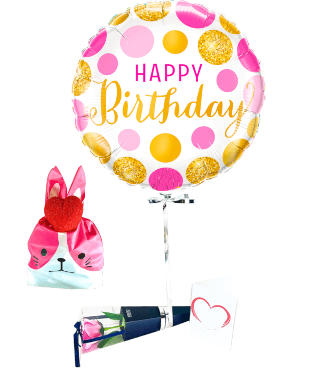 Image 1 Ballon Happy Birthday Confetti+Rose de Savon+Ballotin de Big Fraise Tagada