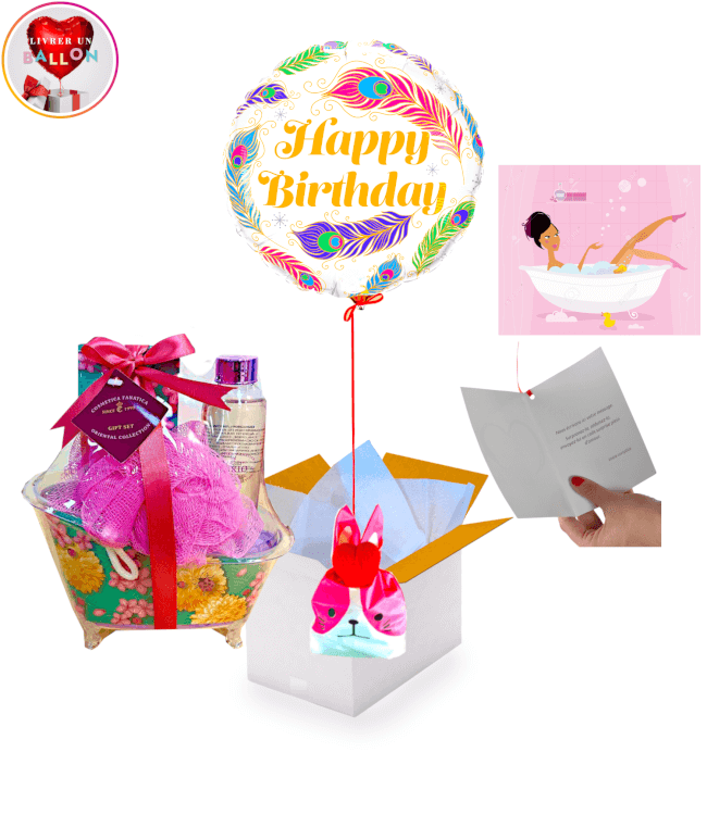 Image 1 Ballon Happy Birthday plume + Coffret Relaxant,Gel Douche Senteur Rosé,Sel de Guérande,Rose de Bain + Ballotin de Fraise Tagada Coeur By Livrer un Ballon