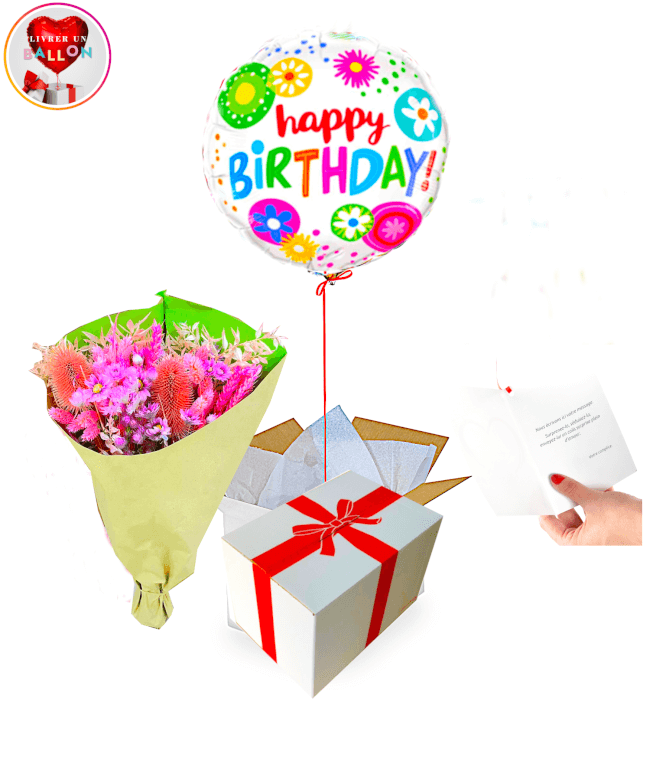 Image 1 Ballon Happy Birthday Fleurie + Bouquet de Fleurs Eternelles By Livrer un Ballon