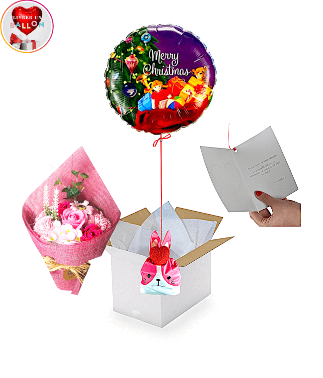 Image 1 Ballon De noel +Bouquet de Fleurs de rose de Savon+Ballontin de Big Fraise Tagada