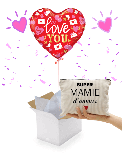 Ballon Cœur “I Love You” 45 cm & Trousse “Super Mamie d’Amour”