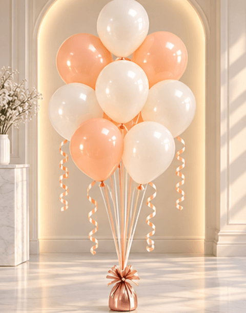 Bouquet de 8 ballons latex pêche & blanc nacré – Gonflés à l’hélium