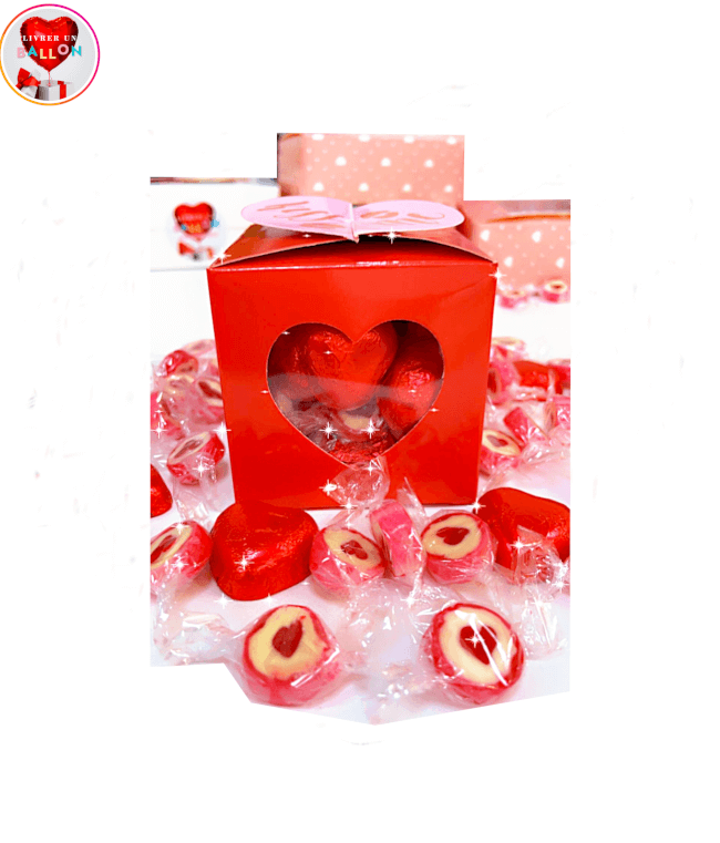 Image 1 La Love Box Gourmande"Kiss Me"composée d'un Mix de Coeurs au Chocolat au lait et de Bonbons Coeurs,Gout Fraise 400g By Livrer un Ballon