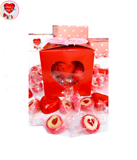 Image La Love Box Gourmande"Kiss Me"composée d'un Mix de Coeurs au Chocolat au lait et de Bonbons Coeurs,Gout Fraise 400g By Livrer un Ballon