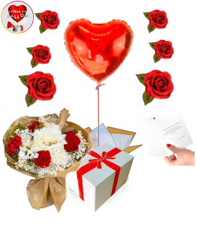 Bouquet Saint Valentin - Ballons coeur rouge