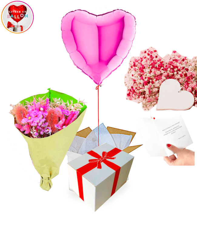 Image 1 Ballon Coeur Rose à personnaliser +Bouquet de fleurs Eternelles Rosanne By Livrer un Ballon