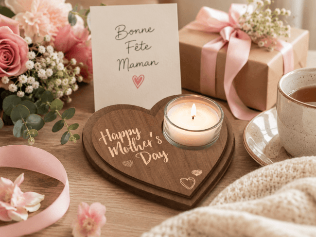 Image 1 Bougeoir Cœur en Bois « Happy Mother’s Day »