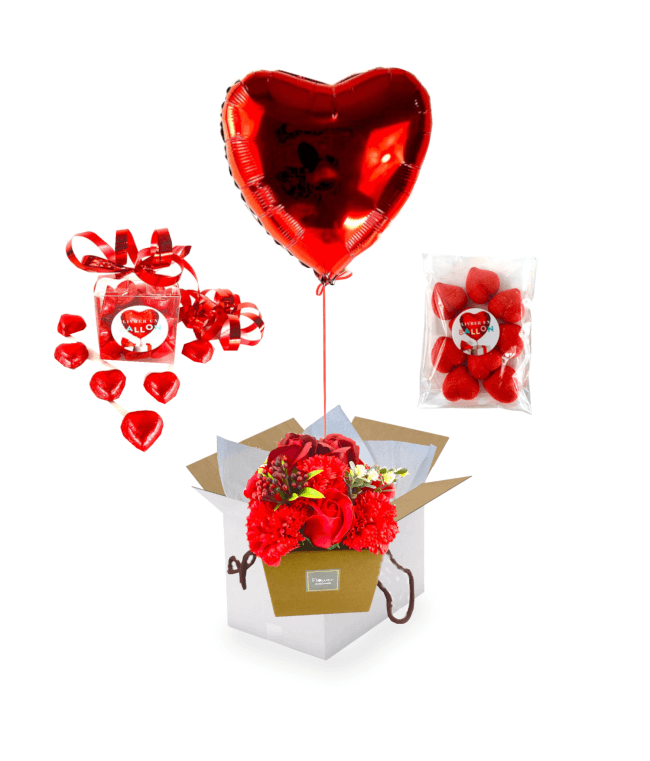 Image 1 Ballon coeur rouge+fleurs de roses rouge de savon+chocolat+big fraise Tagada