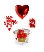 Vignette 1 Ballon coeur rouge+fleurs de roses rouge de savon+chocolat+big fraise Tagada