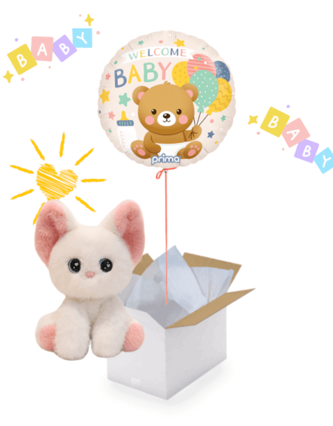 Box naissance Ballon Welcome Baby  avec sa Peluche Chat 24 cm