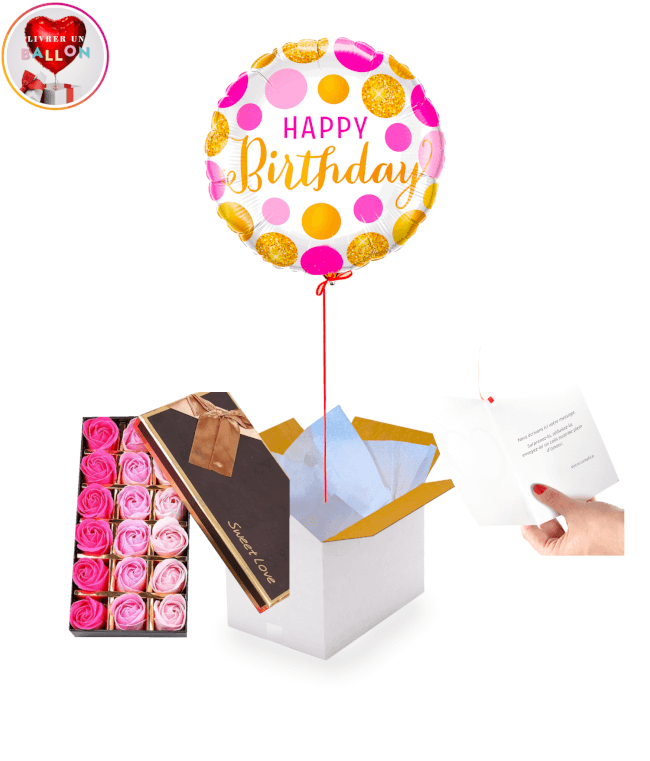 Image 1 Ballon Happy Birthday Rosé+Coffret de Rose de Savon