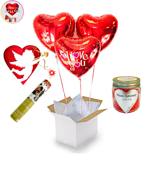 Image 1 Bouquet de Ballon Coeurs Love+Bougie Parfumée Mon Amour+Canon à Confettis Coeurs Rouge By Livrer un Ballon