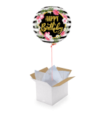 Vignette 1 Ballon Happy Birthday noir fleurie