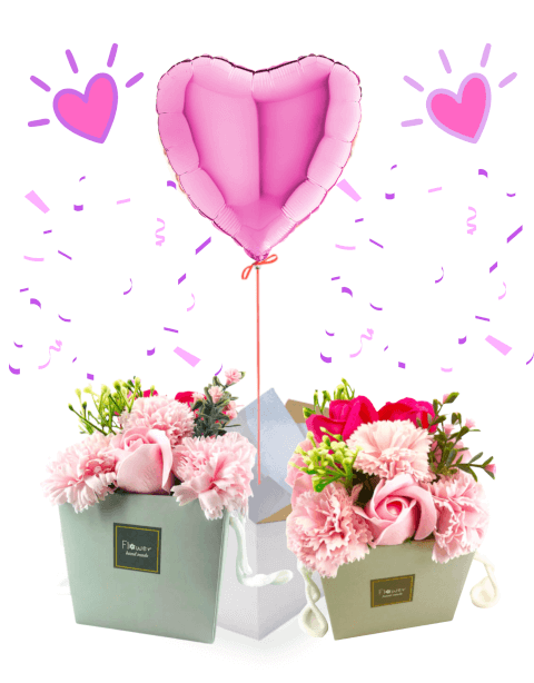 Box Ballon Cœur Rose et son Bouquet de Roses de Savon Parfumées