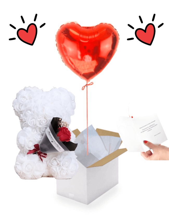 Image 1 Ballon cœur rouge gonflé à l’hélium avec ours en fleurs de rose en mousse – 30 cm