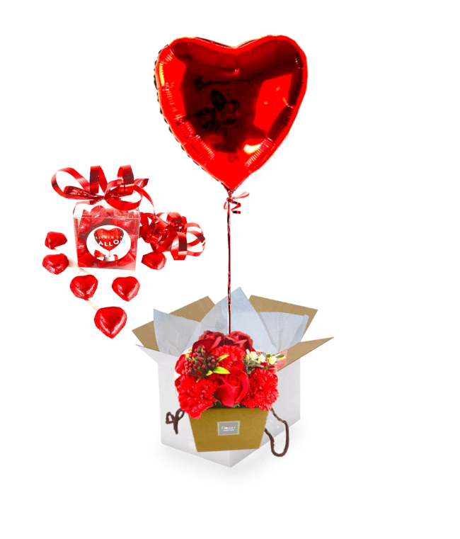 Image 1 Ballon Coeur rouge+bouquet de roses rouges de savon+ballotin de chocolat