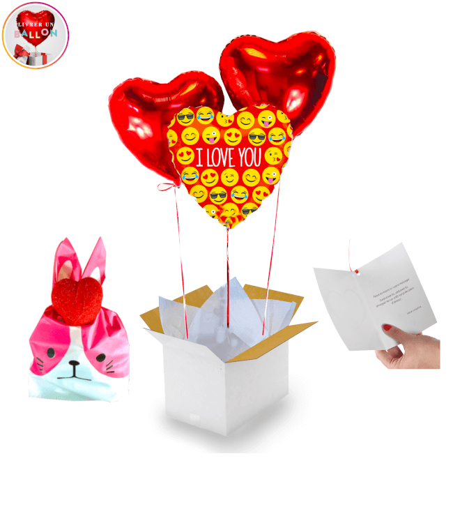 Image 1 Ballon 2 Coeurs Rouges I Love YOU Emoji + Ballotin De Big Frais Coeur Tagada By Livrer un Ballon