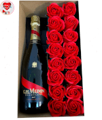 Vignette 1 Ballon Coeur rouge et sa Love Box à Personnaliser, 16 Roses Rouges de Savon avec sa Bouteille de Champagne Mumm By Livrer un Ballon