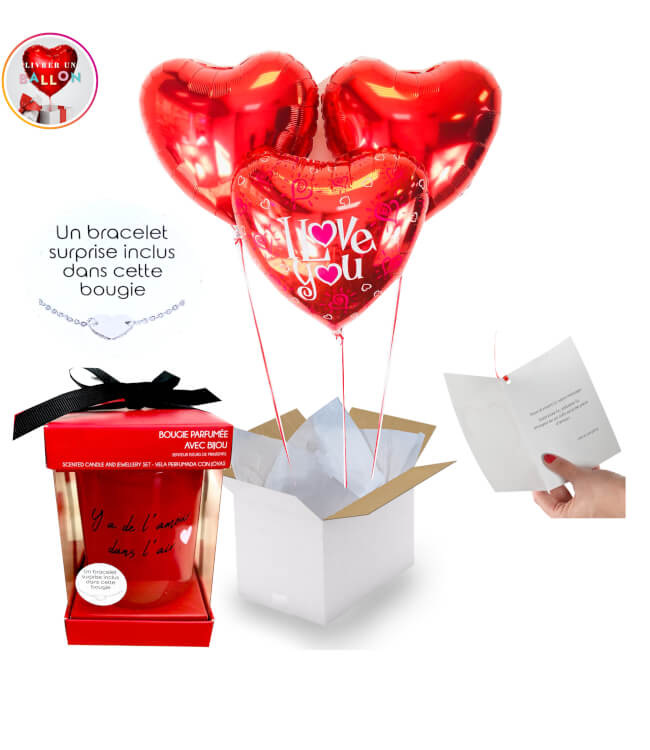 Image 1 Bouquet de 3 Ballons Coeurs Rouges i love you + Bougie"y a de l'amour dans l'air"Bracelet Surprise By Livrer Un Ballon 