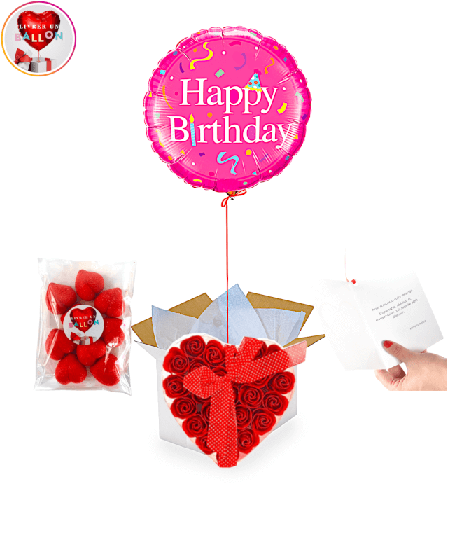Image 1 Ballon Happy Birthday+Coeur de 24 Roses de Savon+Ballotin de Big Fraise Tagada By Livrer un Ballon