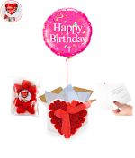 Vignette 1 Ballon Happy Birthday+Coeur de 24 Roses de Savon+Ballotin de Big Fraise Tagada By Livrer un Ballon