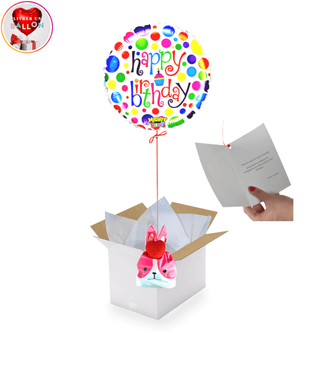 Image 1 Ballon Happy Birthday psychédélique + ballotin de Big Fraise Tagada fraise 