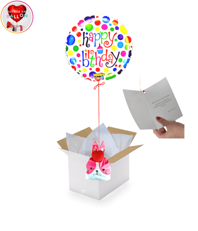 Image 1 Ballon Happy Birthday psychédélique + ballotin de Big Fraise Tagada fraise