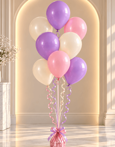 Bouquet de 8 ballons hélium rose, mauve & blanc nacré