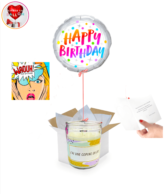 Image 1 Ballon Happy Birthday Argent+Bougie Parfumée"J'ai une copine en Or"