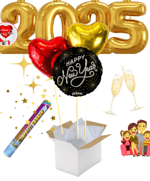 Bouquet de Ballons "Happy New Year" avec Cœurs Doré et Rouge  et canon confettis!
