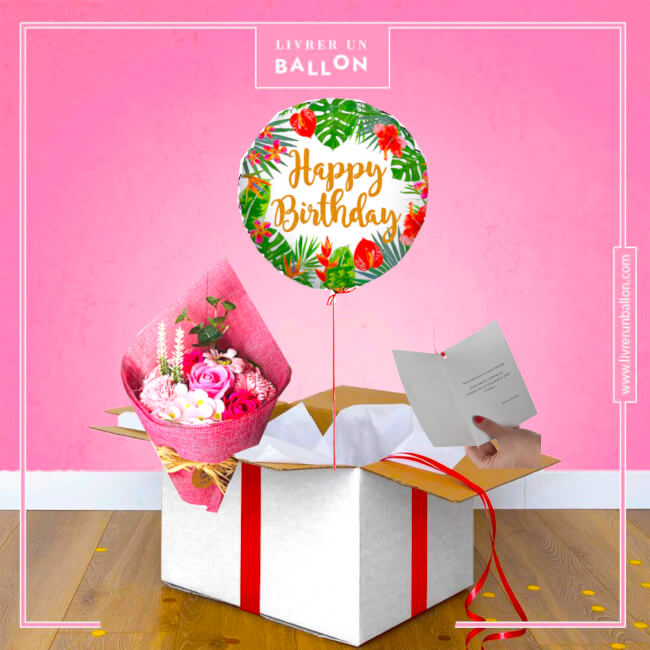 Image 1 Ballon Happy Birthday Fleuri + Bouquet de Roses De Savon By Livrer un Ballon