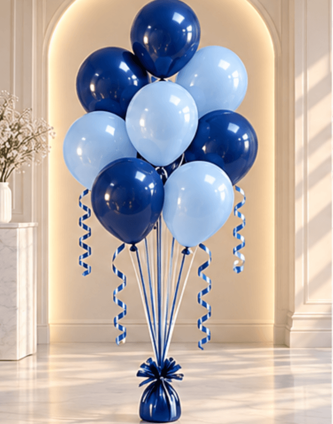 Image 1 Bouquet de 8 ballons latex bleu ciel & bleu marine – Gonflés à l’hélium
