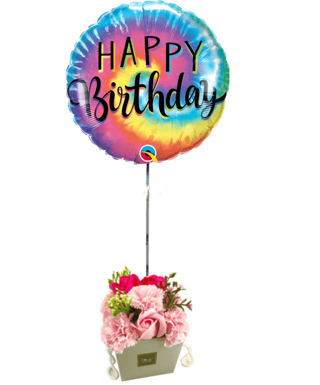 Image 1 Ballon Happy Birthday good vibes et son bouquet de rose de savons