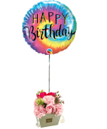 Vignette 1 Ballon Happy Birthday good vibes et son bouquet de rose de savons