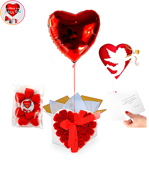Ballon Coeur Rouge + Coeurs de 24 Roses Rouges de Savon + Ballotin de Fraise Coeur By Livrer Un Ballon