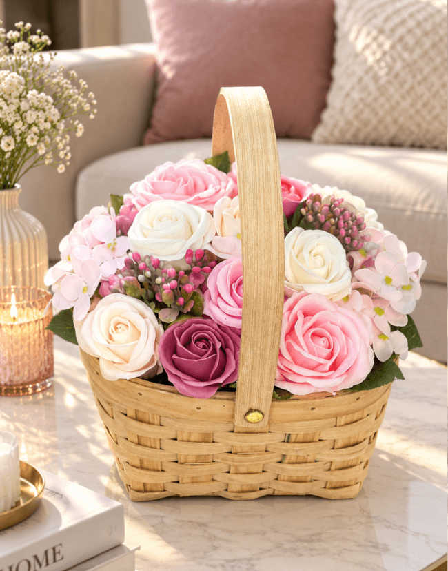 Image 1 Panier de Roses en Savon Rose et Blanc – Un Cadeau Plein de Tendresse