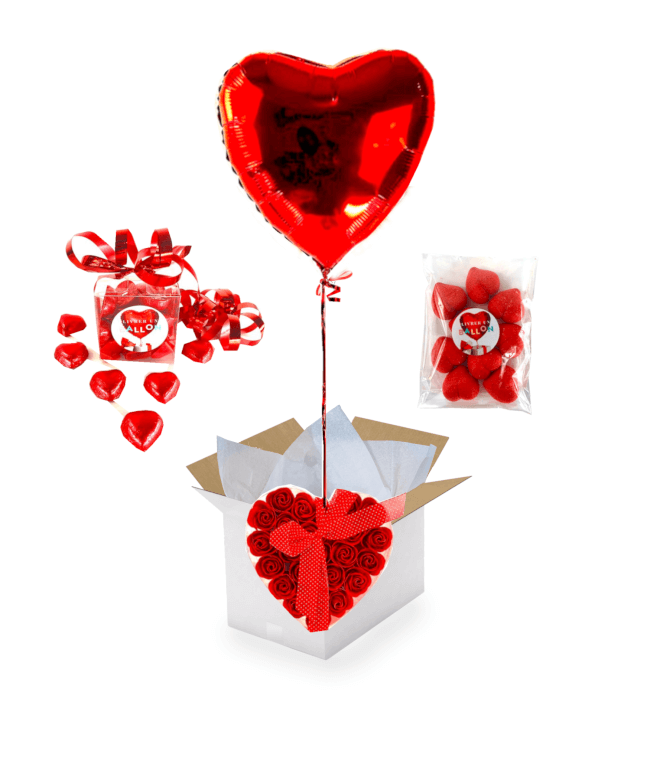 Image 1 Ballon coeur rouge+24 fleurs de roses rouge de savon+Chocolat+Big Fraise Tagada 