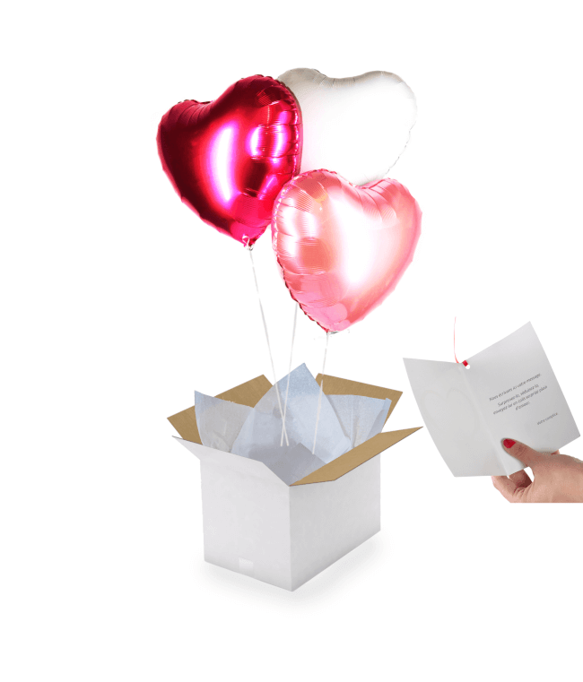 Image 1 Box surprise 3 ballons cœur à l’hélium – Rouge, rose & blanc