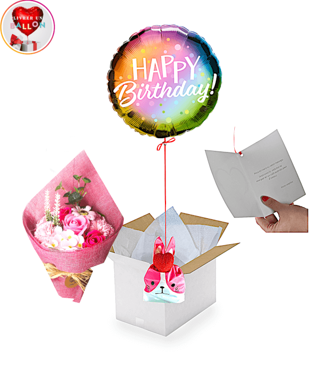 Image 1 Ballon Happy Birthday Solaire+Bouquet de Roses de Savon+Ballotin de Big Fraise Tagada By Livrer un Ballon